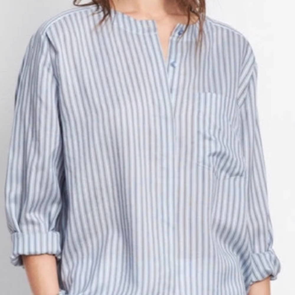 Vince 100% Silk Light Blue and White Striped Shirt -Size L